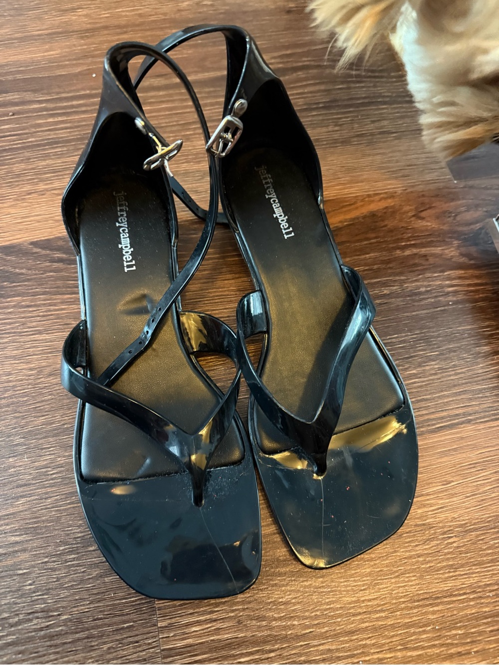 Jeffrey Campbell Black Patent Thong Sandals with Ankle Strap